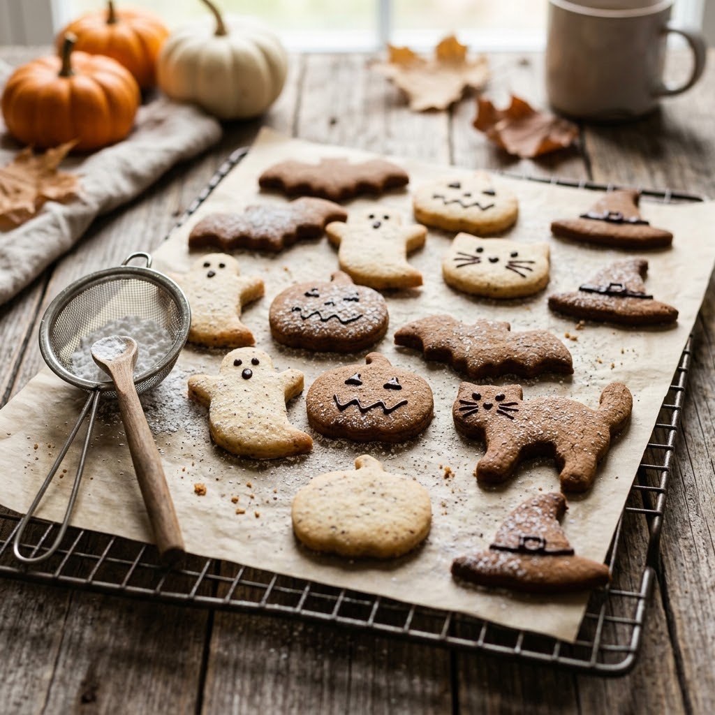 Biscoitos caseiros de Halloween polvilhados com açúcar: morcegos, abóboras, fantasminhas, gatinhos e chapéus de bruxa